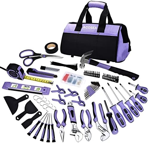 Purple Tool Set,223-Piece Tool Sets for Women,Tool Kit with 13-Inch Wide Mouth Open Purple Tool Bag,The Basic Tool Set is Perfect for Home Maintenance (PURPLE) Acosea