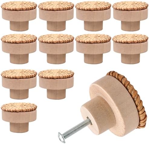 6 Pcs Brown Boho Rattan Dresser Knobs, Wooden Drawer Knobs Decorative Cabinet Knobs, Cupboard Handles Wood Drawer Pulls for Kitchen Bathroom Furniture Closet Seimneire