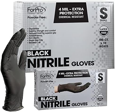 ForPro Professional Collection Disposable Nitrile Gloves, Chemical Resistant, Powder-Free, Latex-Free, Non-Sterile, Food Safe, 4 Mil, Black, Small, 1000-Count ForPro Professional Collection