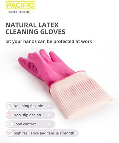 PACIFIC 2 Pairs Reusable Rubber Gloves for Washing Dishes and Cleaning Tasks, Water Resistant Household Gloves for Kitchen Bathroom, Grippy Latex Dish Washing Gloves, Pink, Small Pacific Ppe