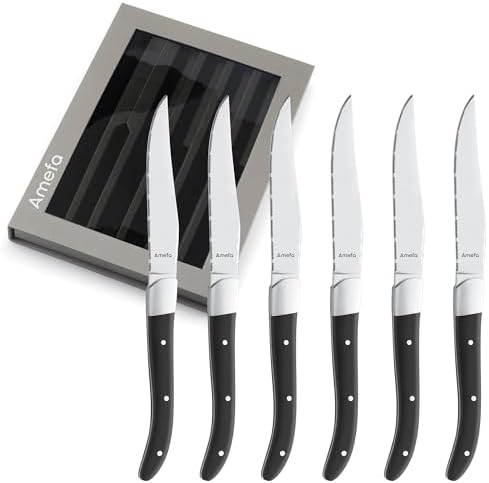 Amefa Royal Steak Knives, Set of 6, Premium Hardened Stainless Steel, Triple Rivet Black Ergonomic Handle Design, Serrated Edge 4 Inch Blade Steak Knife, Dishwasher Safe. Amefa