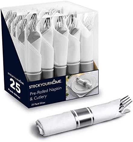 Pre Rolled Plastic Silverware Sets for Parties (25 Pack) Gold Cutlery Set, Disposable Spoons, Forks, Knives, Napkins Prewrapped, Heavy Duty Utensils Individually Wrapped for Wedding, Thanksgiving Stock Your Home