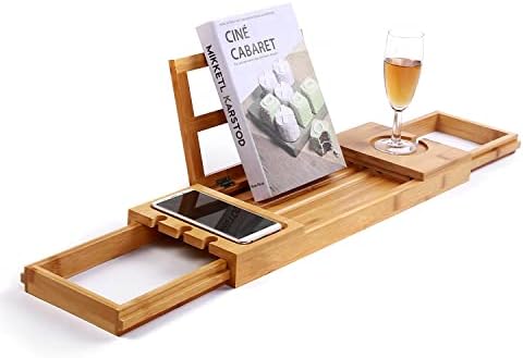 Utoplike Bamboo Bathtub Caddy Tray Bath Tray for Tub, Adjustable Bathroom Bathtub Organizer with Book Tablet Wine Glass Cup Towel Holder Utoplike