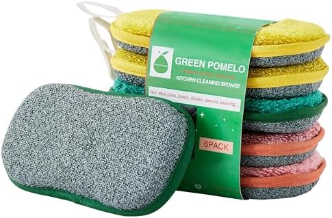 6 Pack Multi-Purpose Scrub Sponges Kitchen, Microfiber Non Scratch Sponges, Dual-Sided Kitchen Sponges, Reusable Dish Sponges for Washing Dishes, Pots and Pans, Kitchen GREEN POMELO