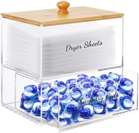 JYPS Acrylic Dryer Sheet Holder with Drawer and Bamboo Lid, Clear Laundry Room Organization and Storage，Dryer Sheet Laundry Pods Containter Box for Laundry Room Decor Jyps