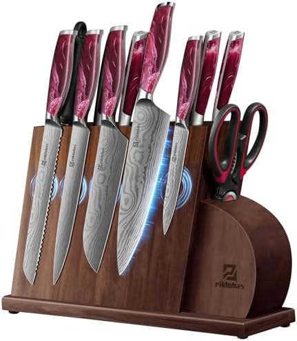 Knife Set 14 Pieces for Kitchen with Magnetic Block, Razor Sharp High Carbon German Stainless Steel Damascus Pattern, Full Tang Ergonomic Handle, Black Flowing Cloud Design Piklohas