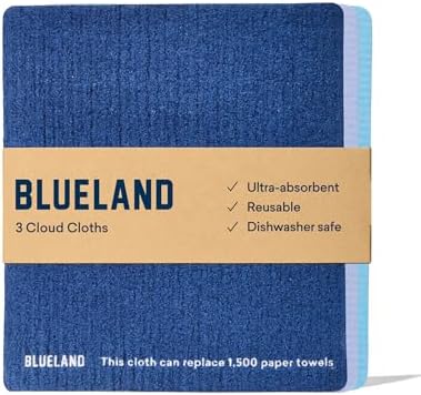 BLUELAND Cloud Cloth - 3 Pack - Reusable Ultra-Absorbent Swedish Dish Cloth, Natural Kitchen Sponge Towel, Made from All-Natural Cotton & Plant Cellulose - for Kitchen, Counters, & Washing Dishes Blueland