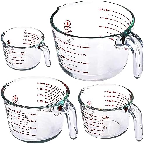 Set of 4 Glass Measuring Cups - Kitchen Mixing Bowl, Liquid Measure Cup, Glass Bakeware Batter Bowls. 1 cup, 2 cup, 4 cup, 8 cup. Le'raze