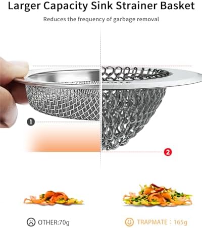 Sink Strainer for Kitchen, Reversible Easy Clean Kitchen Sink Drain Strainer, 304 Stainless Steel Sink Strainer, Anti-Rust Larger Sink Food Catcher For Garbage Disposal Without Clogging (Black) TRAPMATE