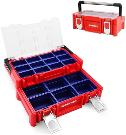 WORKPRO 17-inch Plastic Tool Box, Red Storage Box with Locking Lid and Stainless Steel Handle, 18 Adjustable Compartments for Sockets, Crafts and Power Tools, Great Father Day Gifts Workpro