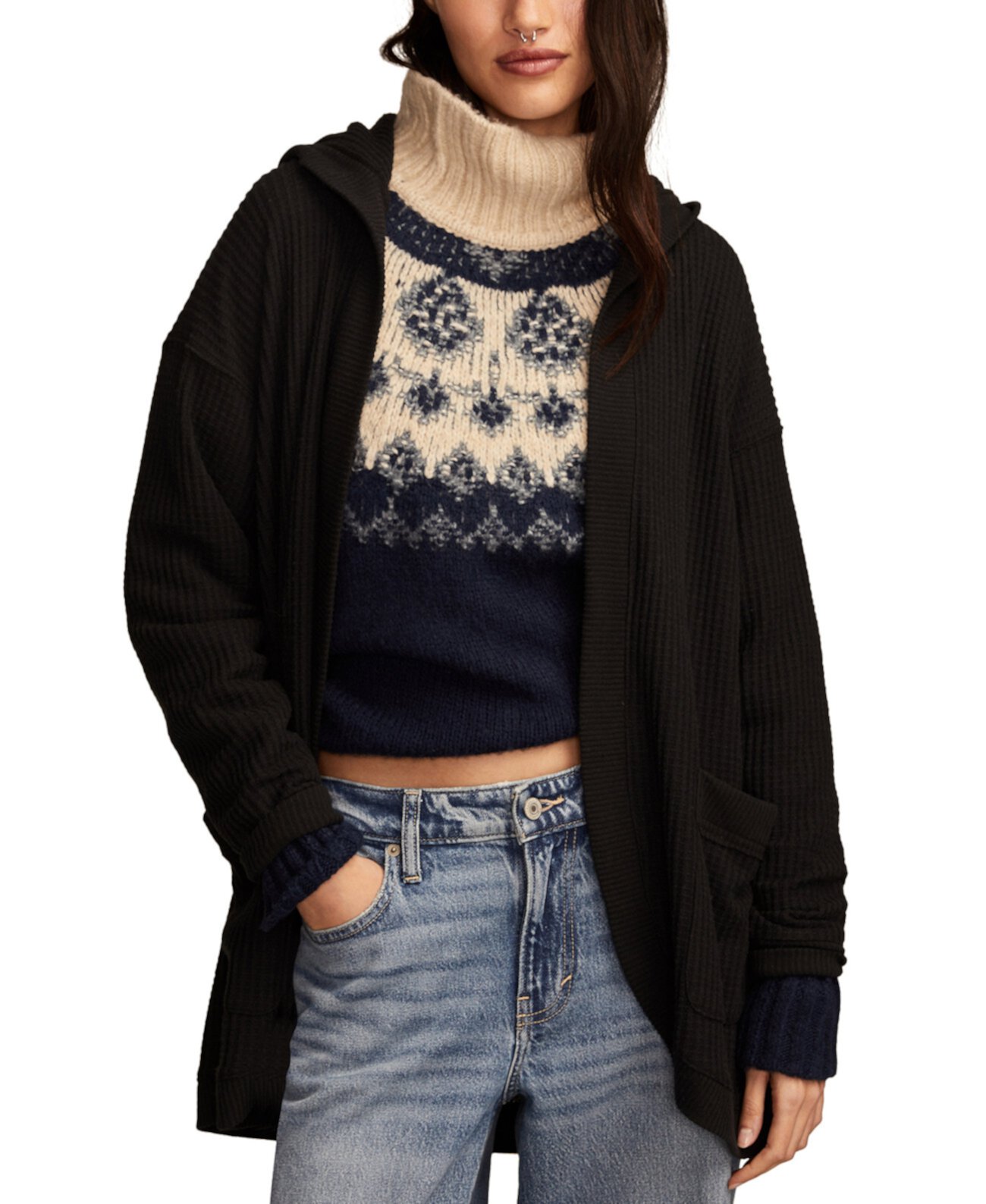 Women's Waffle Knit Hooded Cardigan Lucky Brand