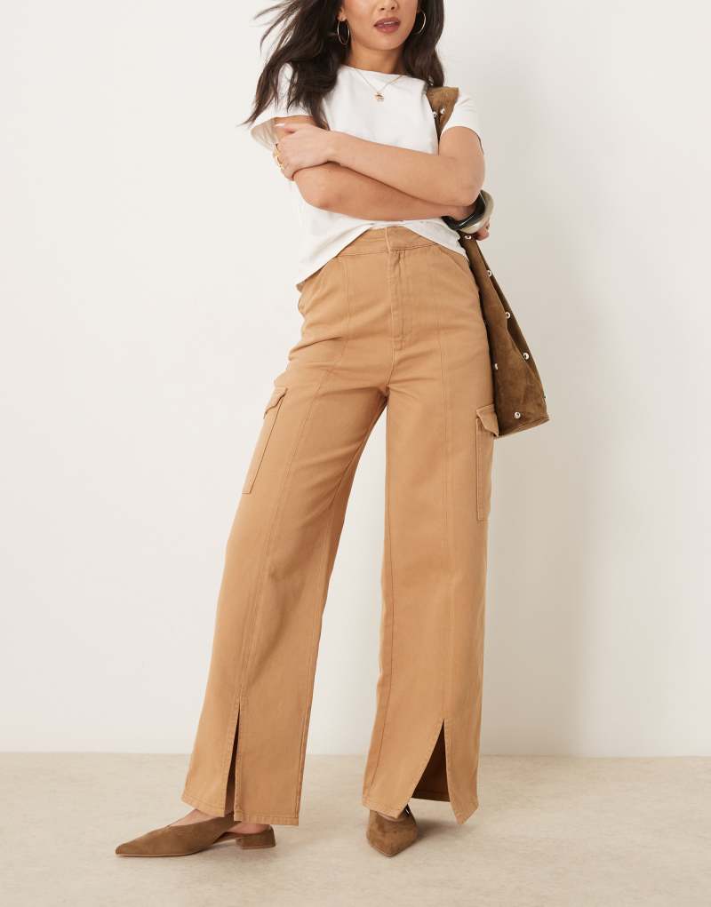 ASOS DESIGN twill cargo pants with front slits in camel Asos Design