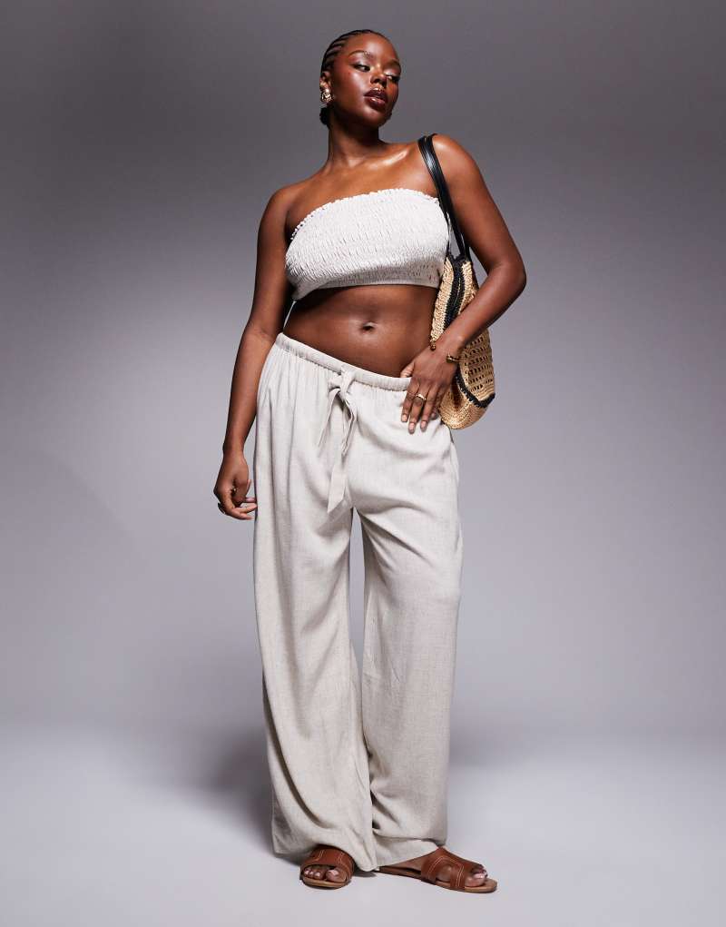 ASOS DESIGN Curve Isabel mix & match linen blend tie waist beach pants in natural ASOS Curve