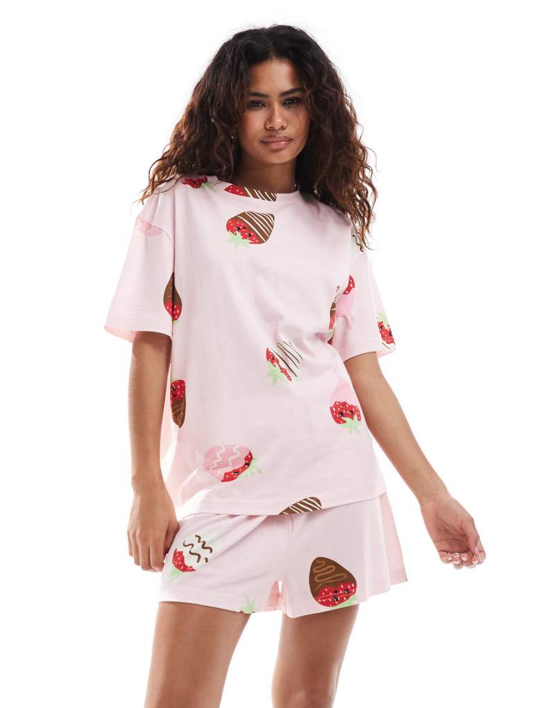 ASOS DESIGN valentines chocolate strawberry oversized tee & short pajama set in pink Asos Design