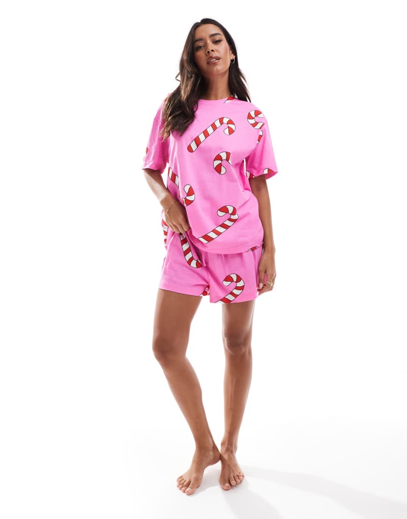 ASOS DESIGN candy cane oversized tee & short pajama set in pink Asos Design