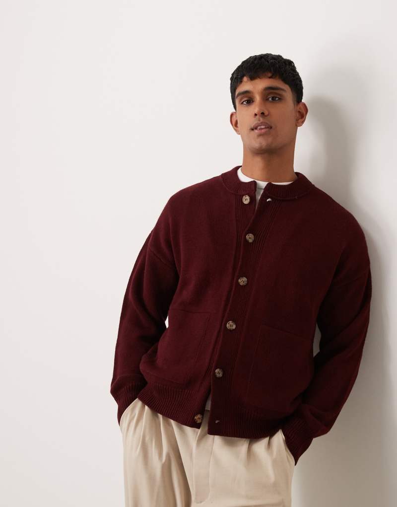 ASOS DESIGN relaxed boxy fit knitted bomber cardigan in burgundy Asos Design