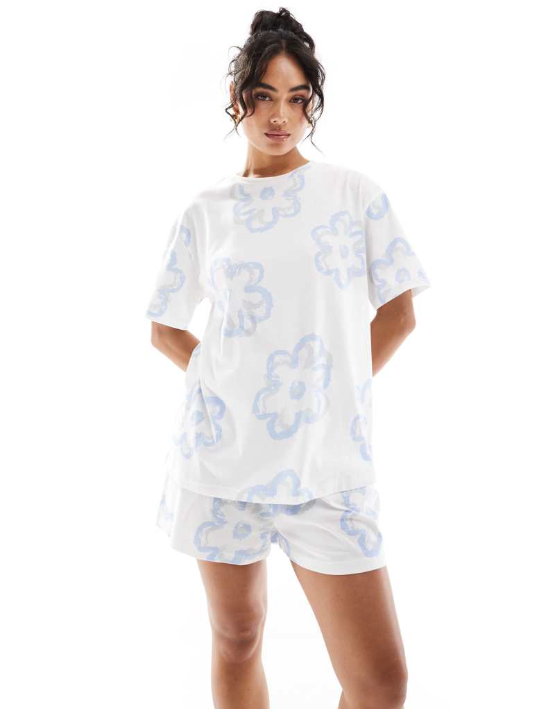 ASOS DESIGN flower oversized tee & shorts pajama set in cream Asos Design