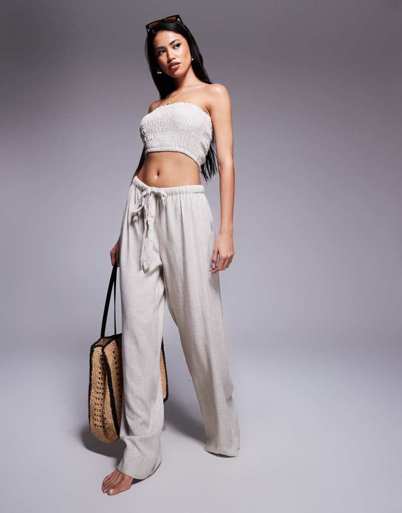 ASOS DESIGN Isabel mix & match linen look tie waist beach pants in natural Asos Design