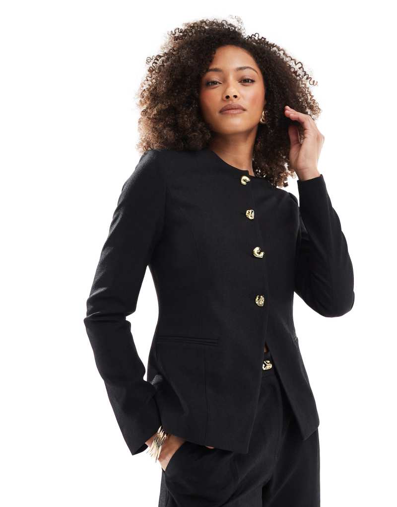 4th & Reckless tailored scoop neck gold button front split blazer in black - part of a set 4Th & Reckless