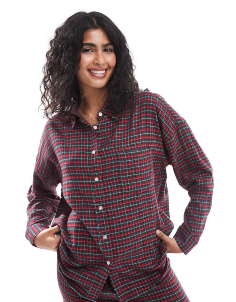 Cotton On relaxed flannel pajama shirt in red micro check set Cotton On