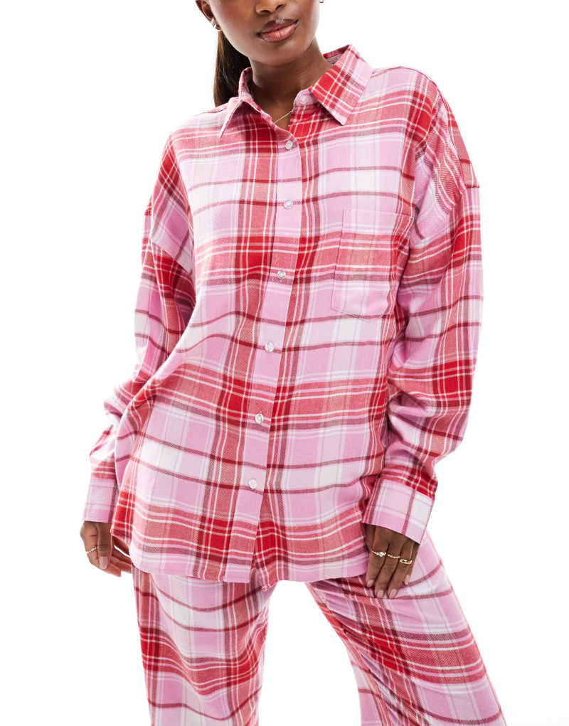 Cotton On relaxed flannel pajama shirt in pink red plaid Cotton On