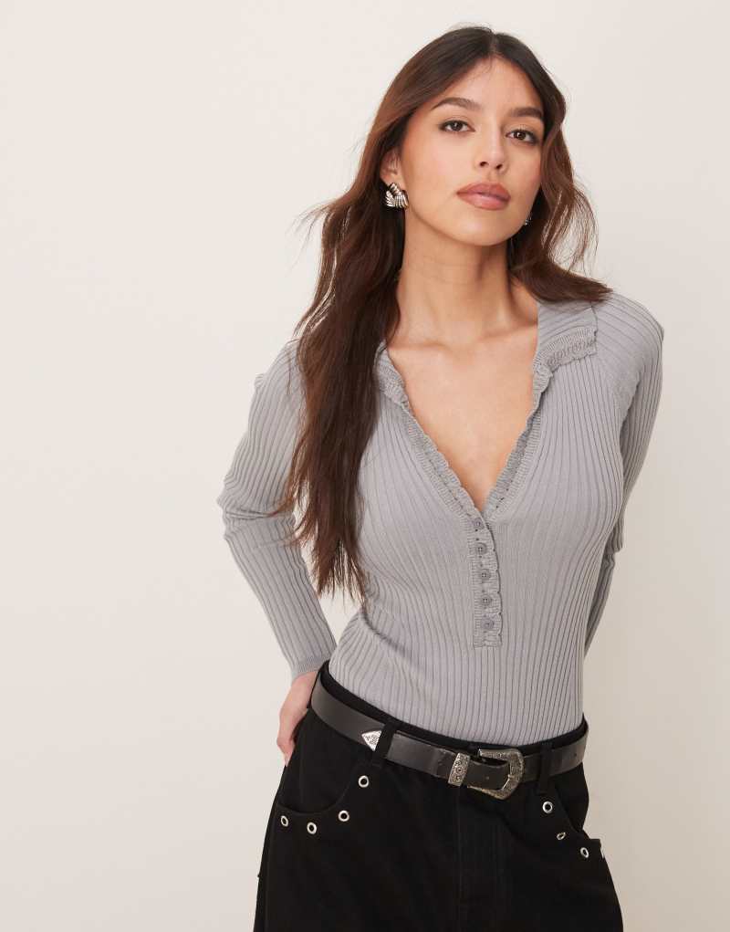 Free People button detail henley bodysuit in gray Free People