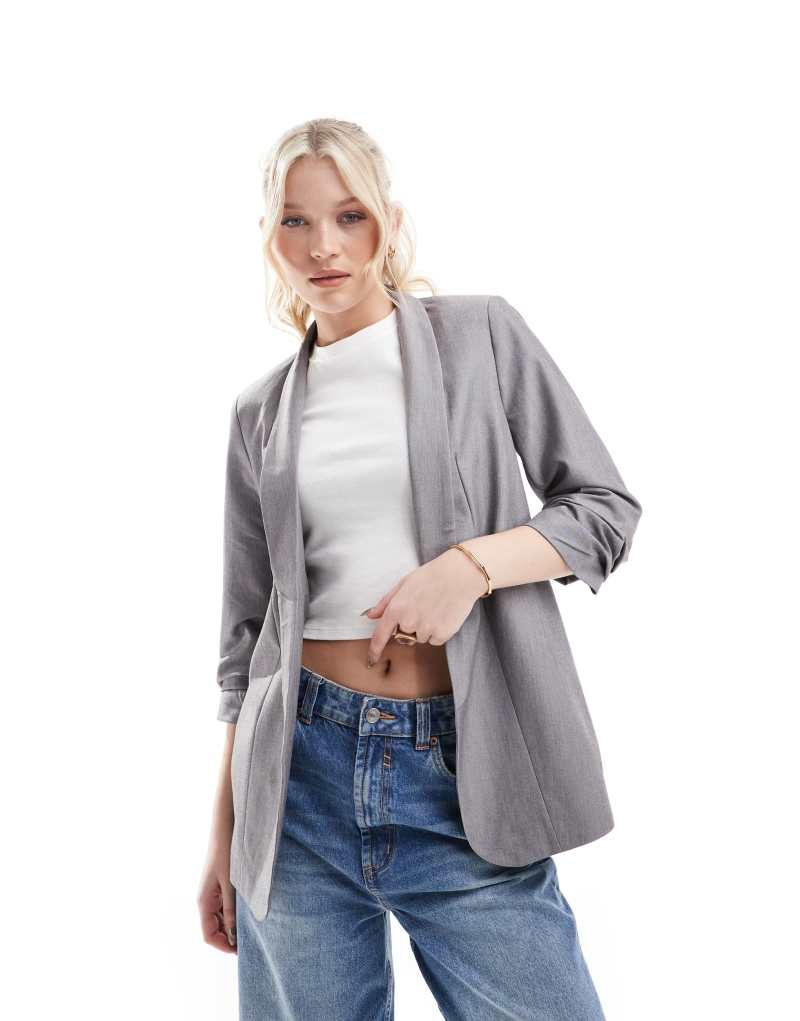 Pieces ruched sleeve blazer in light gray melange Pieces