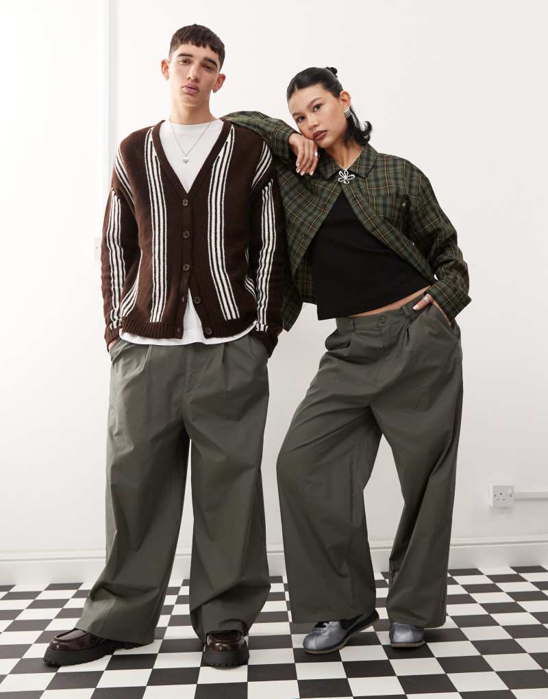 Reclaimed Vintage unisex baggy pants with front pleat detail in gray Reclaimed Vintage