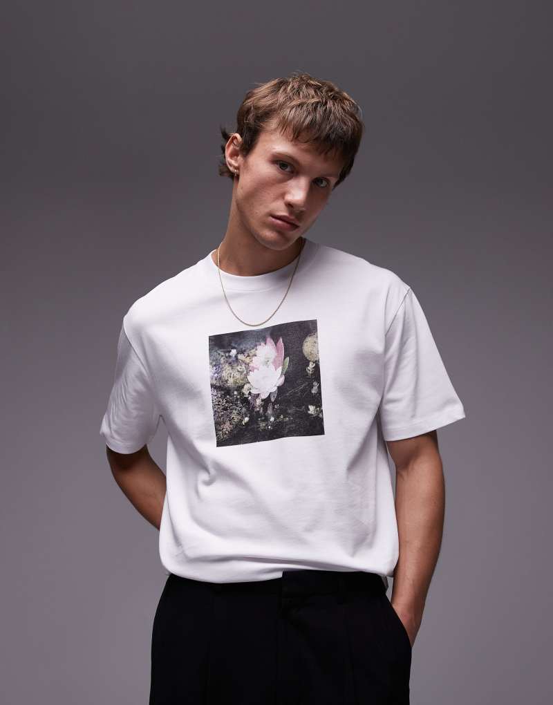 Футболка Topman Oversized с фотопринтом цветов, белая Topman