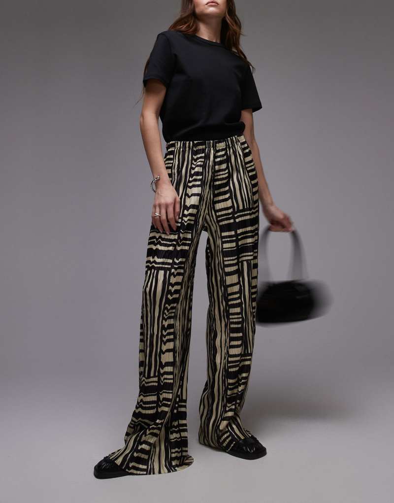 Topshop abstract print plisse wide leg pants in multi Topshop