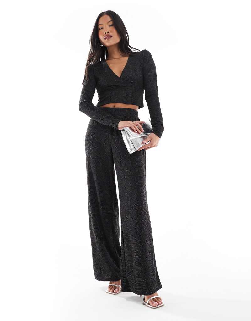 Vero Moda Petite wide leg pants in black glitter - part of a set Vero Moda