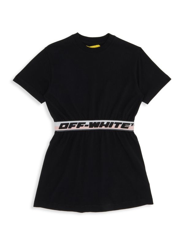 Кремовое хлопковое платье для девочек Off-White с логотипом на поясе и декоративными отстрочками, Португалия Off-White