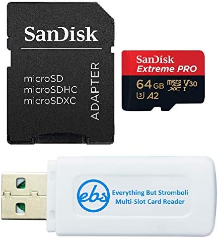 SanDisk 64GB Extreme PRO microSD Memory Card with Adapter Compatible with DJI Air 3S, Air 3 Drone and OSMO Action 4 (SDSQXCU-064G-GN6MA) Bundle with 1 Everything But Stromboli MicroSD & SD Card Reader Everything But Stromboli