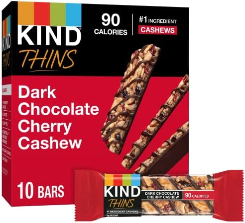 KIND THINS Dark Chocolate Cherry Chashew Bars, Gluten Free, 5g Sugar, 0.74 oz bars, 10 count Kind