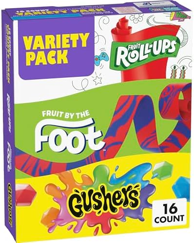 Fruit Roll-Ups, Fruit by the Foot, Gushers, Fruit Flavored Snacks Variety Pack, Gluten Free, Stocking Stuffer, 16 Ct, 10.2 oz Fruit by the Foot