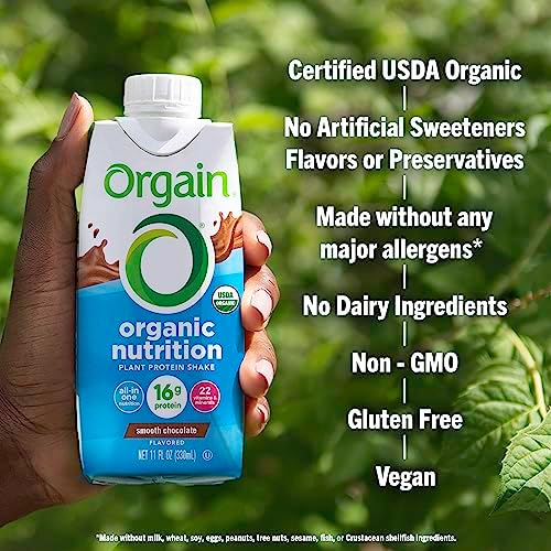 Orgain Organic Nutritional Vegan Protein Shake, Smooth Chocolate - 16g Plant Based Protein, Meal Replacement, 22 Vitamins & Minerals, Fruits & Vegetables, Gluten Free, Non-GMO, 11 Fl Oz (Pack of 4) Orgain