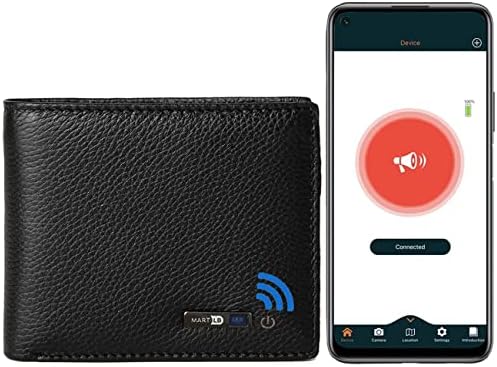 Trackable Anti-Lost Bluetooth Wallet, Intelligent Tracker Finder with Position Locator (Via Phone GPS) Bifold Cowhide Leather Minimalist Credit Card Purse (Black, Horizontal) SMART LB