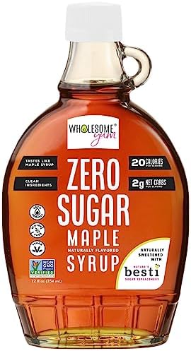 Wholesome Yum Zero Sugar Maple Syrup (Keto Maple Syrup) With Monk Fruit & Allulose - Natural Sugar Free Pancake Syrup - Non GMO, Low Carb, Gluten Free, Vegan, No Aftertaste (12 fl oz) Wholesome Yum