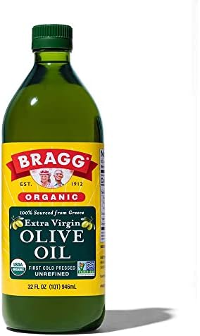 Bragg Organic Extra Virgin Olive Oil – Made with Greek Koroneiki Olives – Cold Pressed EVOO for Marinades & Vinaigrettes – USDA Certified, Non-GMO, Kosher 32 oz Bragg