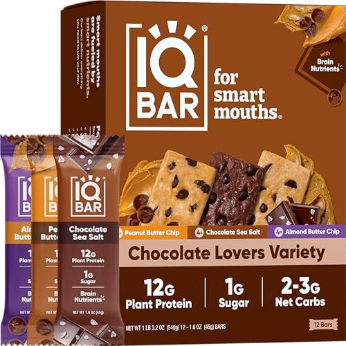 IQBAR Brain and Body Plant Protein Bars - Almond Butter Chip - 12-Count Low Carb - Gluten Free, High Fiber, Vegan Snacks - Low Sugar Meal Replacement Iqbar