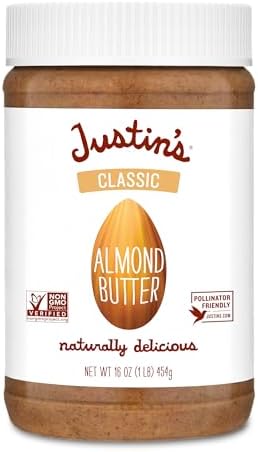 Justin's Classic Almond Butter, Only Two Ingredients, No Stir, Gluten-free, Non-GMO, Keto-friendly, Responsibly Sourced, 16 Ounce Jar, Pack of 2 Justin's