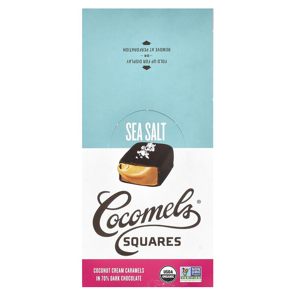 Squares, Coconut Cream Caramels in 70% Dark Chocolate, Sea Salt , 15 Units, 1 oz (28 g) Each Cocomels