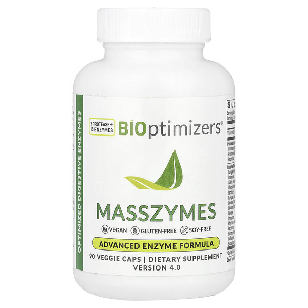 Masszymes, 90 вегетарианских капсул - Оптимизированные пищеварительные ферменты, 2 протеазы + 15 ферментов BIOptimizers