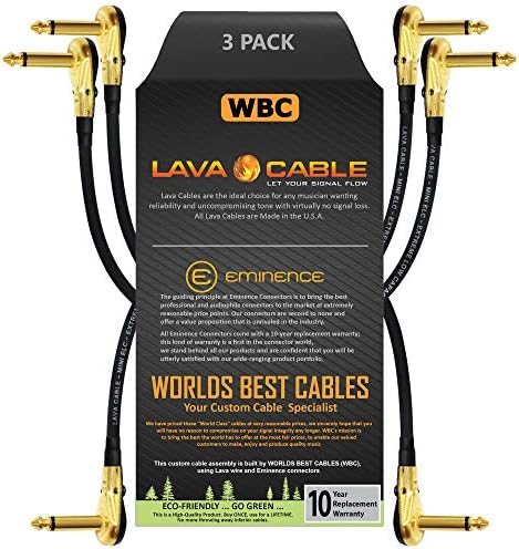 3 Units - Lava Mini ELC (Black) - 10 Inch - Guitar Bass Effects Instrument, Patch Cable with Premium Gold Plated ¼ Inch (6.35mm) Low-Profile, Right Angled Pancake type TS Connectors WORLDS BEST CABLES