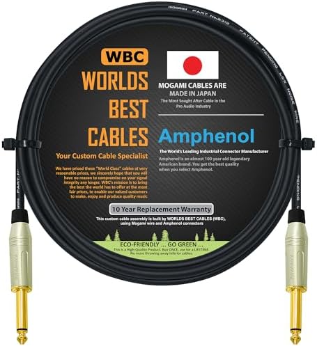 WORLDS BEST CABLES 4 Foot – Pedal, Effects, Patch, Instrument Cable Custom Made Using Mogami 2319 Wire & Amphenol ACPM-GN-AU M-Series Straight Gold TS Plugs WORLDS BEST CABLES