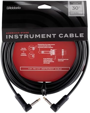 D'Addario Accessories Guitar Cable - Guitar Lead - 1/4 Inch Male to 1/4 Inch Male - American Stage Instrument Cable - Right Angle to Right Angle, 30ft D'Addario