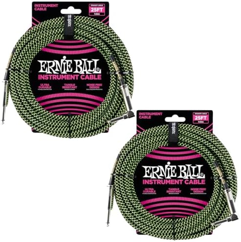 Ernie Ball Braided Instrument Cable Set Straight/Angle Length 25ft in Neon Green/Black (P06066) - Pack of 2 Ernie Ball