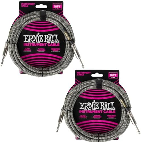 Ernie Ball Braided Instrument Cable Set Straight/Straight Length 18ft in Silver Fox (P06433) - Pack of 2 Ernie Ball