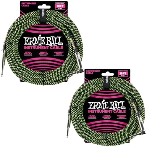 Ernie Ball Braided Instrument Cable Set Straight/Angle Length 18ft in Neon Green/Black (P06082) - Pack of 2 Ernie Ball