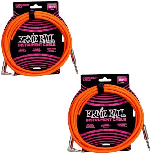 Ernie Ball Braided Instrument Cable Set Straight/Angle Length10ft in Neon Orange (P06079) - Pack of 2 Ernie Ball